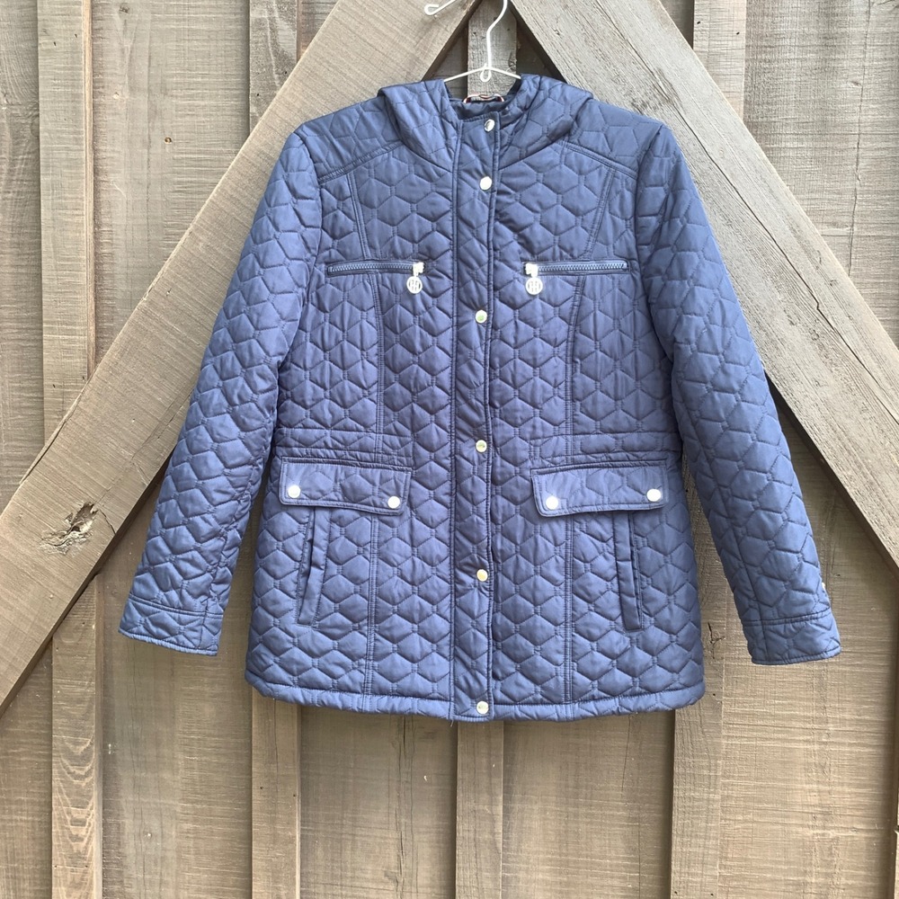 Tommy Hilfiger Women's XL Navy Blue Quilted Hooded Coat Zip Snap Jacket
